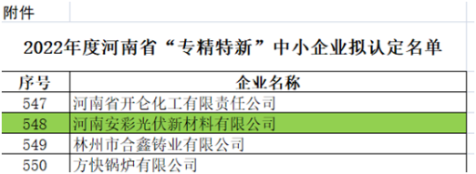 祝賀！光伏新材料通過河南省“專精特新”中小企業(yè)認(rèn)定